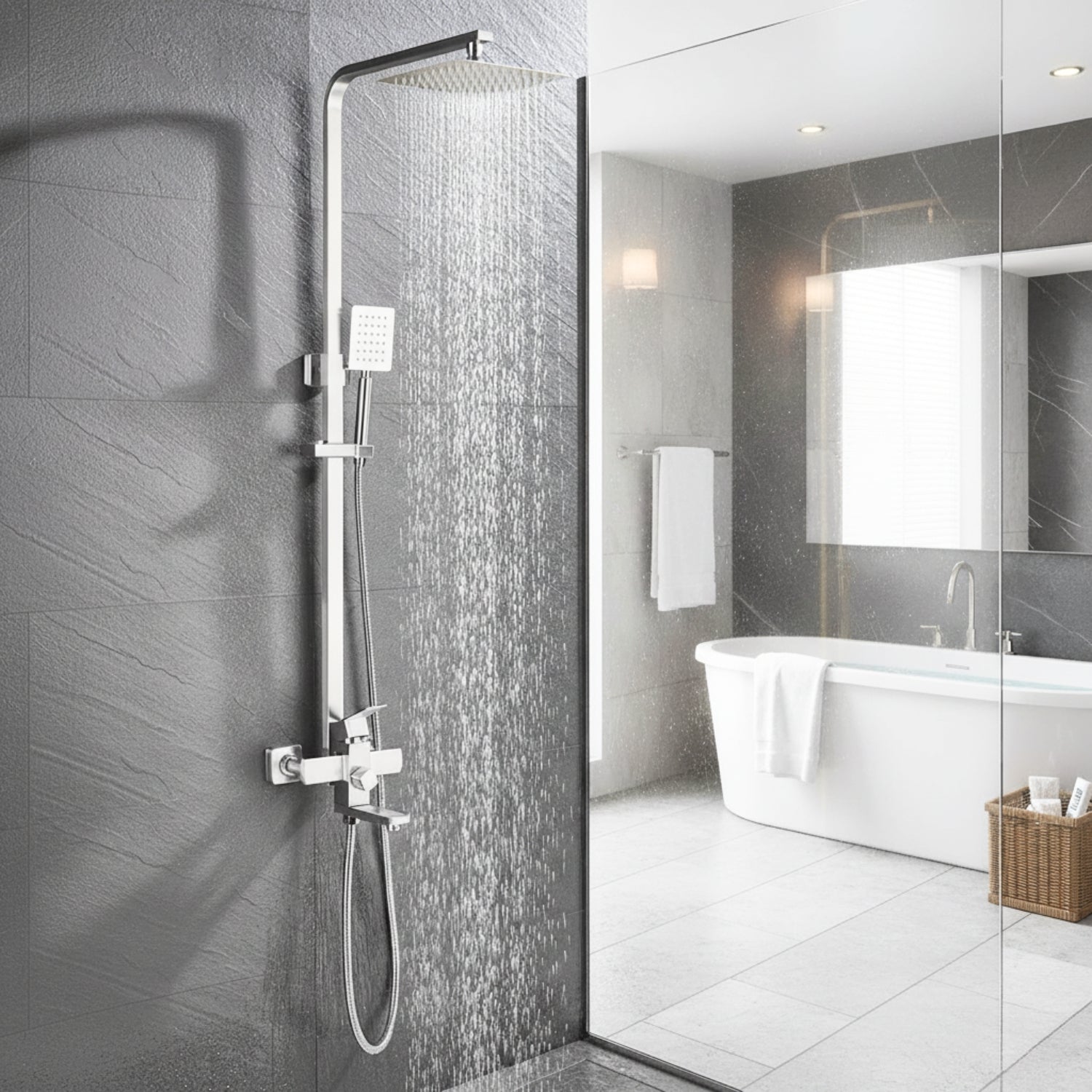 Modern bathroom with shower setup and bathtub