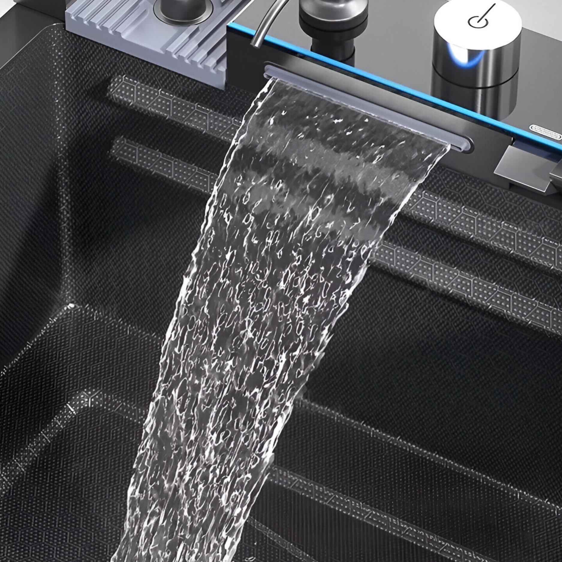 Smart workstation kitchen sink waterfall faucet