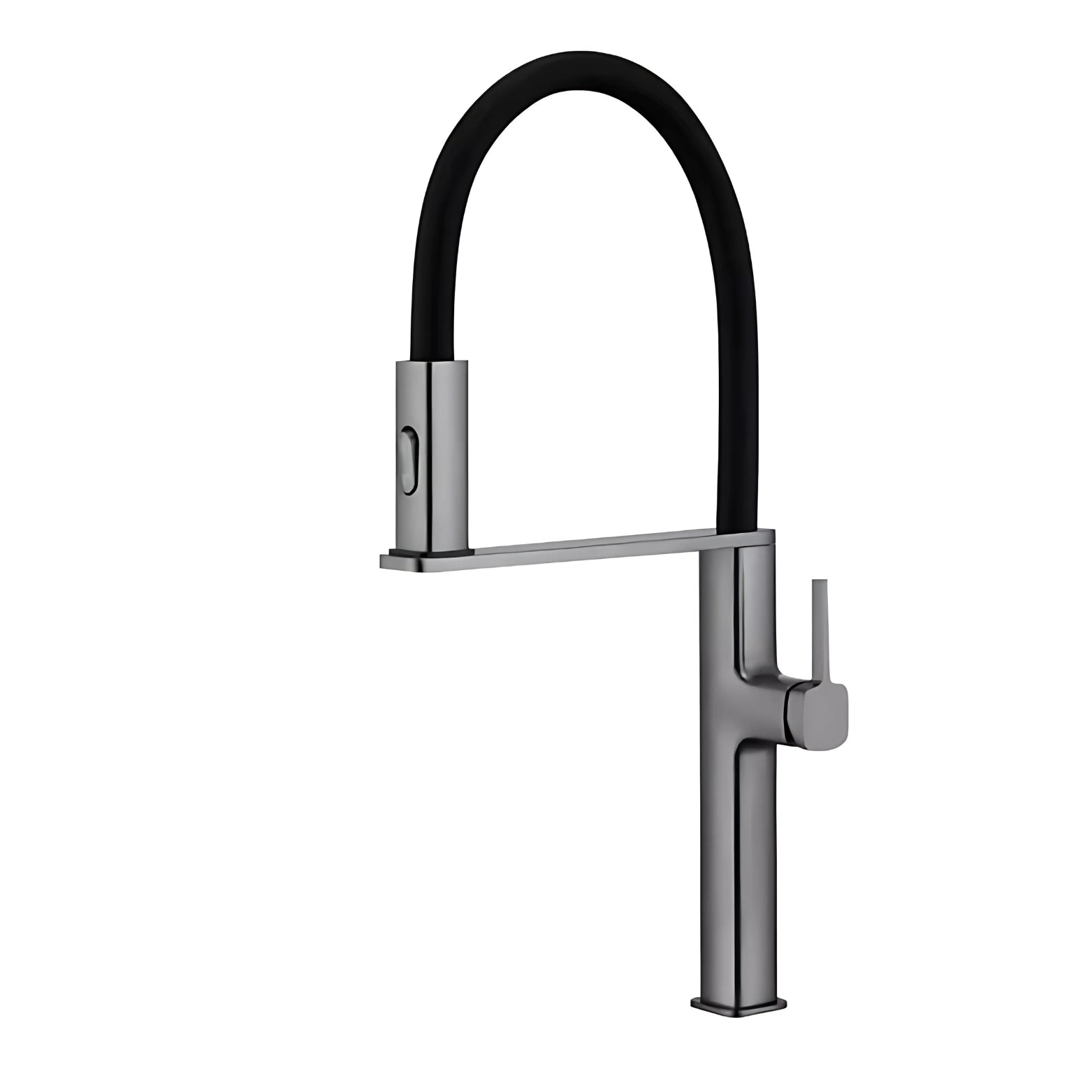 Modern kitchen faucet with black flexible hose on a white background