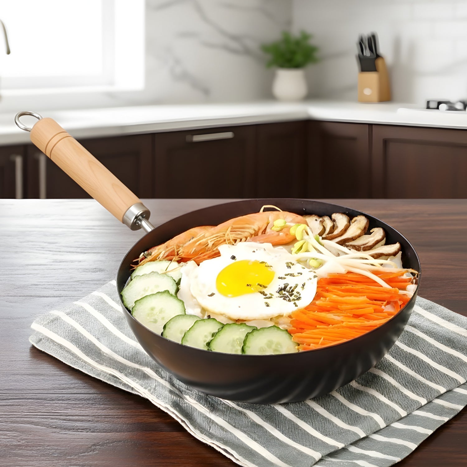 Frying pan with a variety of vegetables and an egg on a kitchen counter