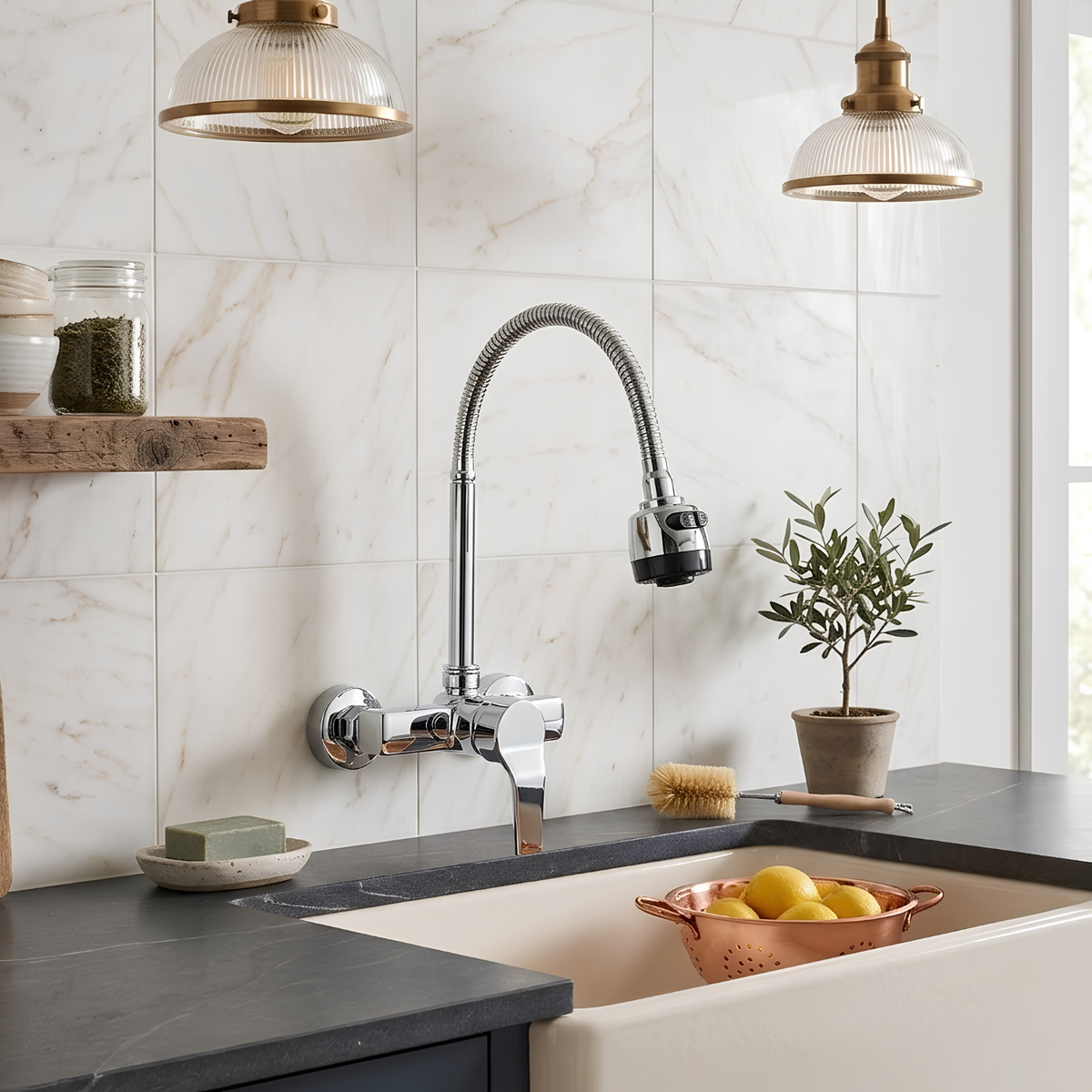 Vanern - Wall Mounted Dual Hole Kitchen Faucet Lead Free Hot Cold Water Mixer Tap Stream Spray Bubbler 360 Rotation Flexible Pipe Control