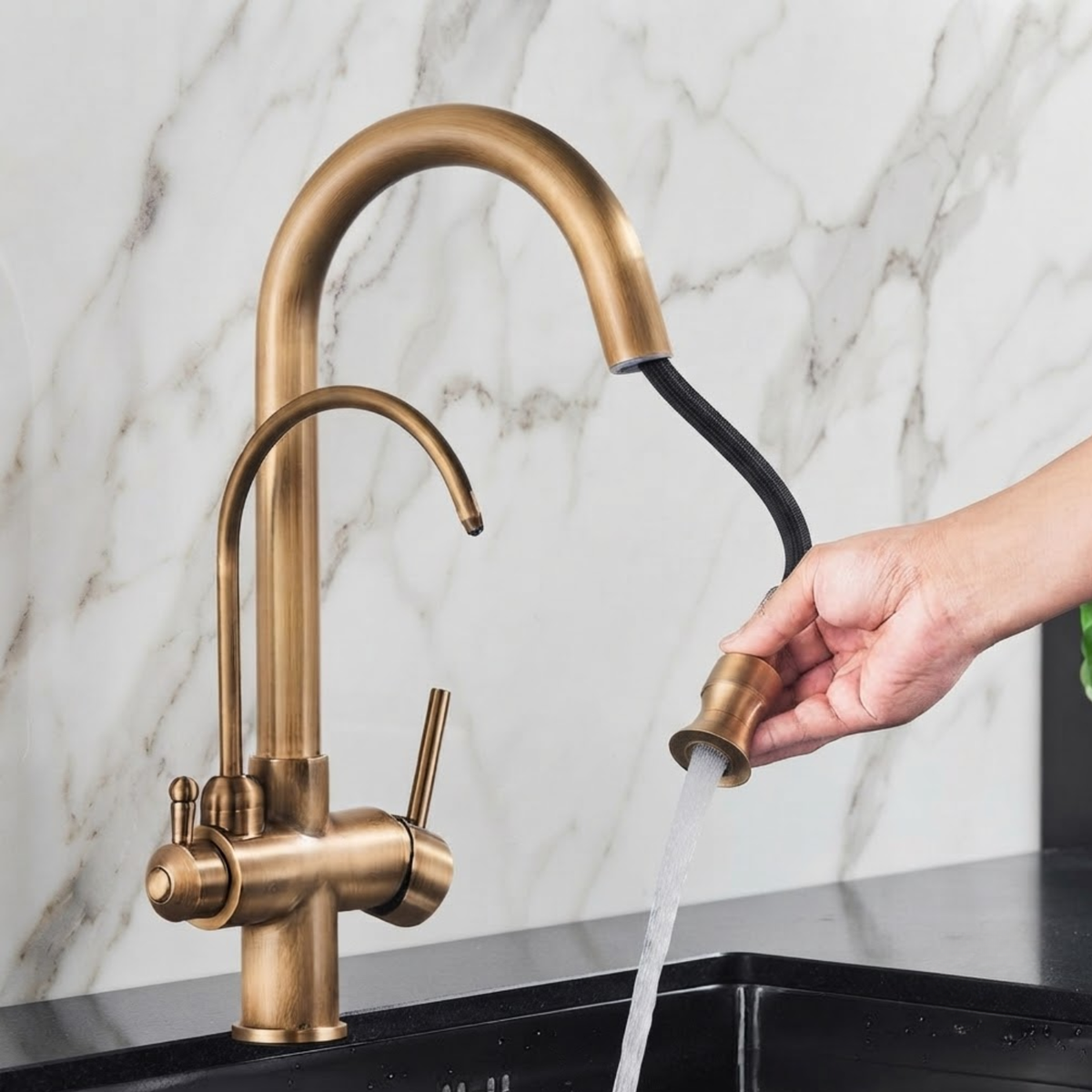 Karlstad Antique - 3-Way Kitchen Faucet with Filter Tap & Pull-Out Sprayer for Kitchen Sink
