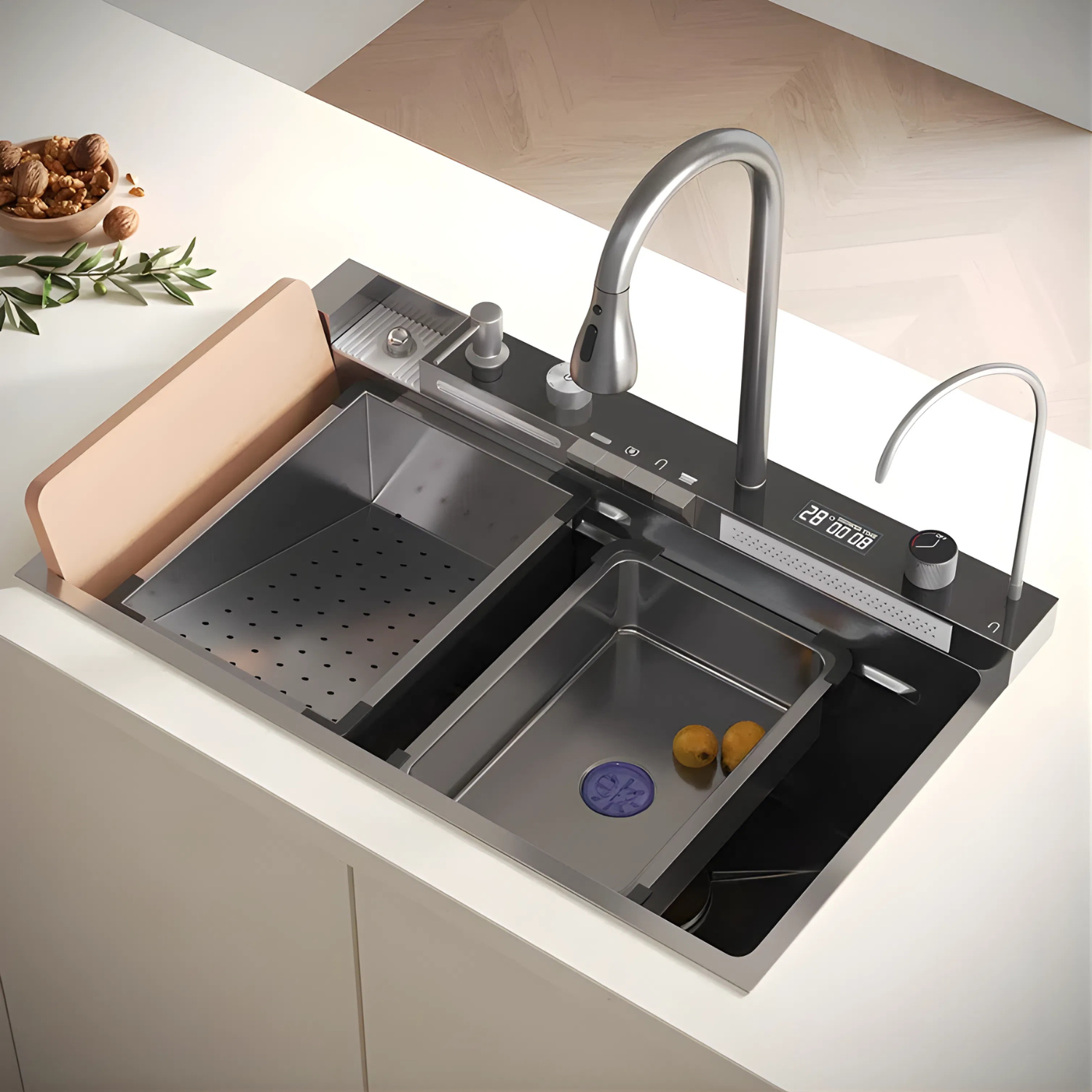 Modern kitchen sink with digital display and faucet on a light-colored countertop.
