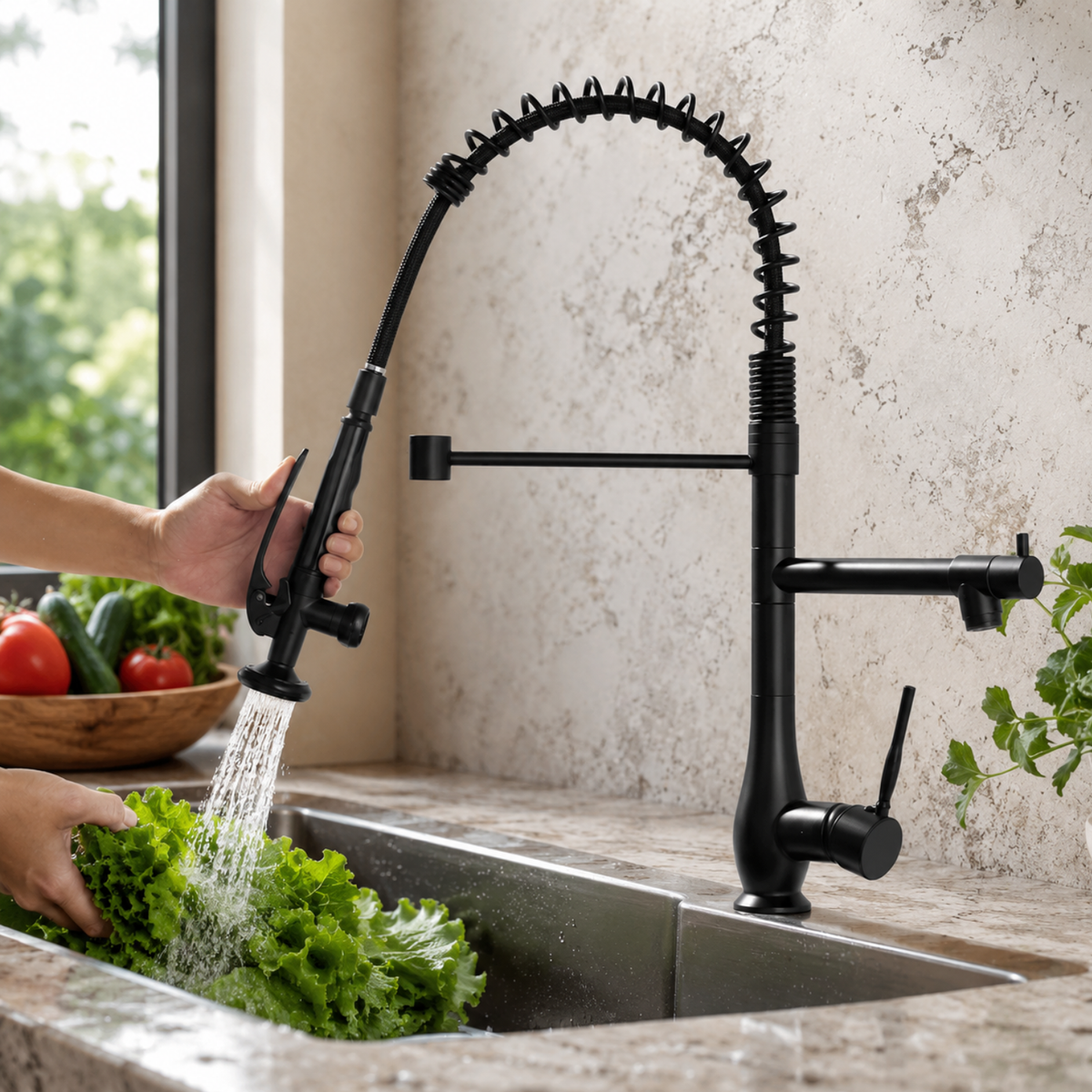 Oulanka - Commercial Single-Handle Kitchen Faucet with Dual-Outlet High-Arc Spring Sink Tap