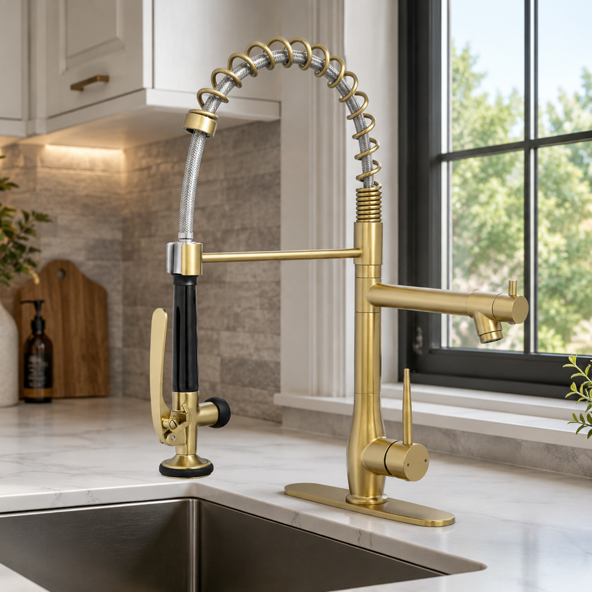 Oulanka - Commercial Single-Handle Kitchen Faucet with Dual-Outlet High-Arc Spring Sink Tap