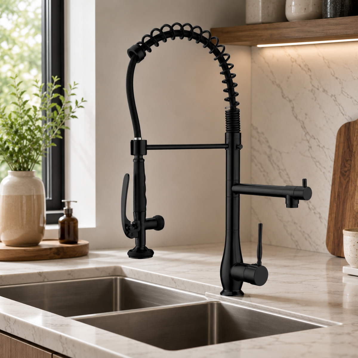Oulanka - Commercial Single-Handle Kitchen Faucet with Dual-Outlet High-Arc Spring Sink Tap