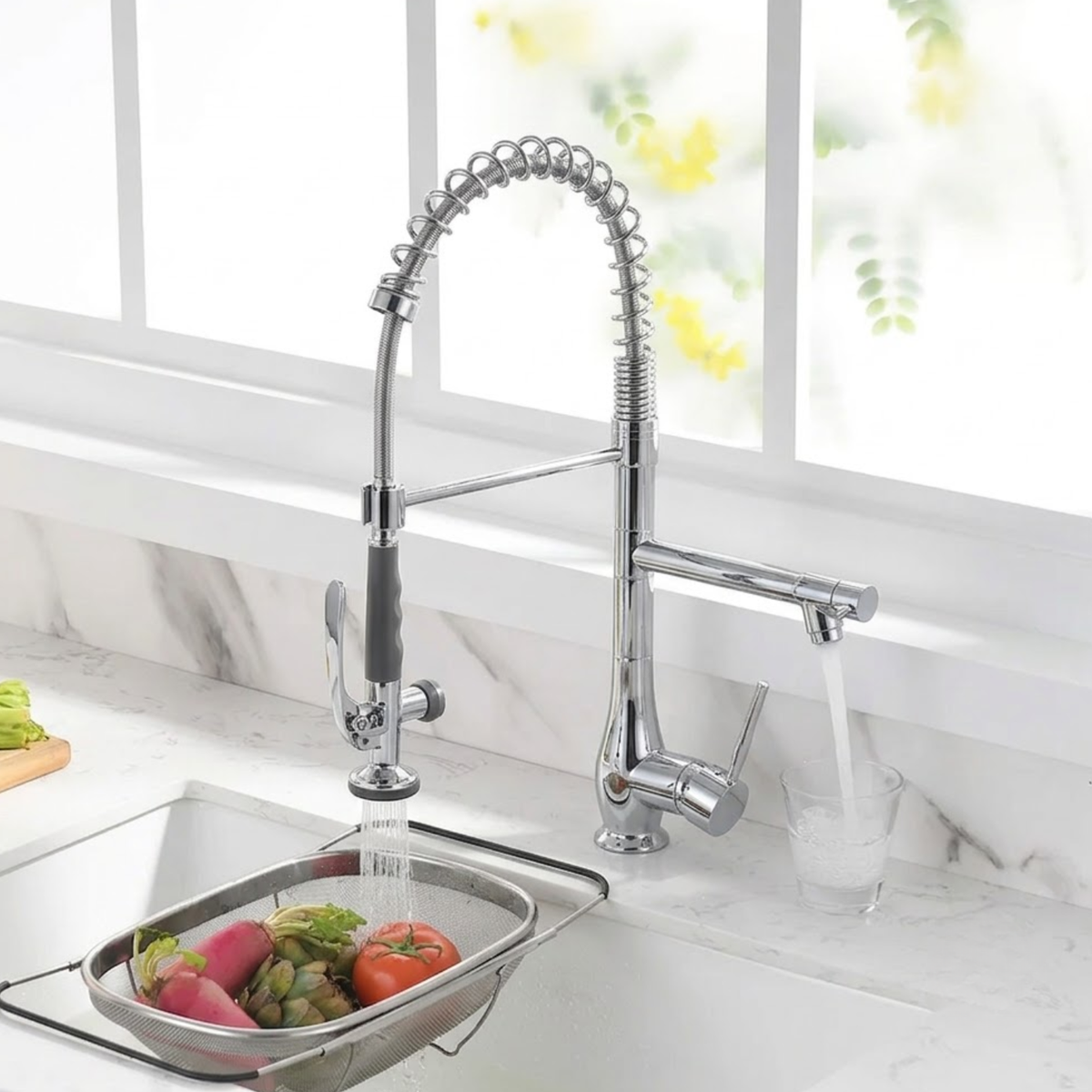 Oulanka - Commercial Single-Handle Kitchen Faucet with Dual-Outlet High-Arc Spring Sink Tap