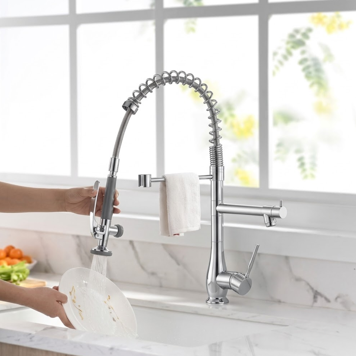 Oulanka - Commercial Single-Handle Kitchen Faucet with Dual-Outlet High-Arc Spring Sink Tap