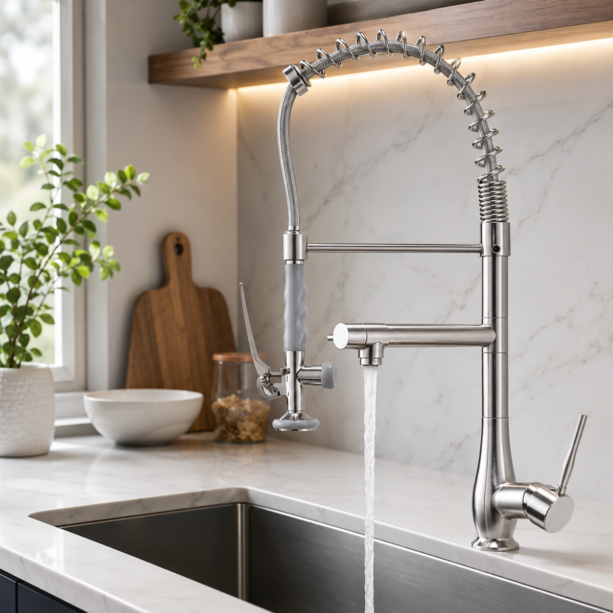 Oulanka - Commercial Single-Handle Kitchen Faucet with Dual-Outlet High-Arc Spring Sink Tap