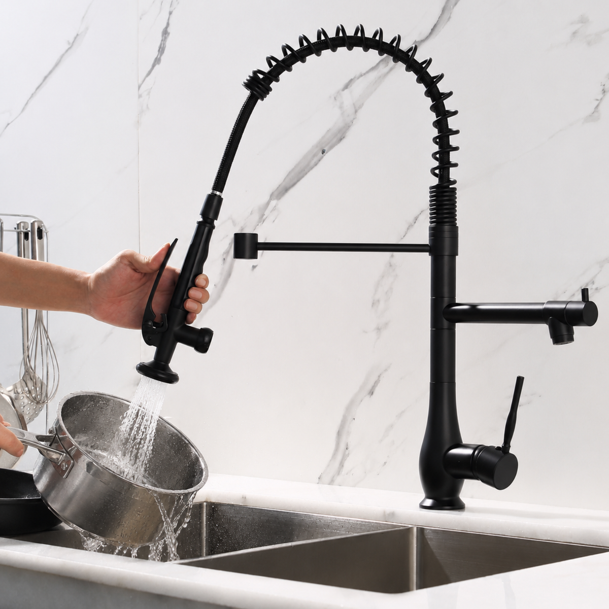 Oulanka - Commercial Single-Handle Kitchen Faucet with Dual-Outlet High-Arc Spring Sink Tap