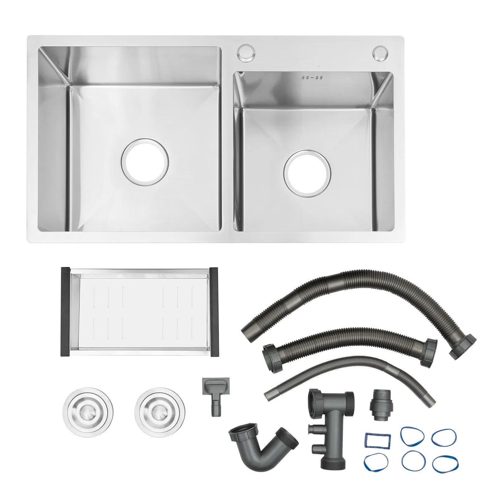 Strolberg - Drop-in Workstation Sink - Stainless Steel Double Bowl Kitchen Sink with Noise Reduction - Silver