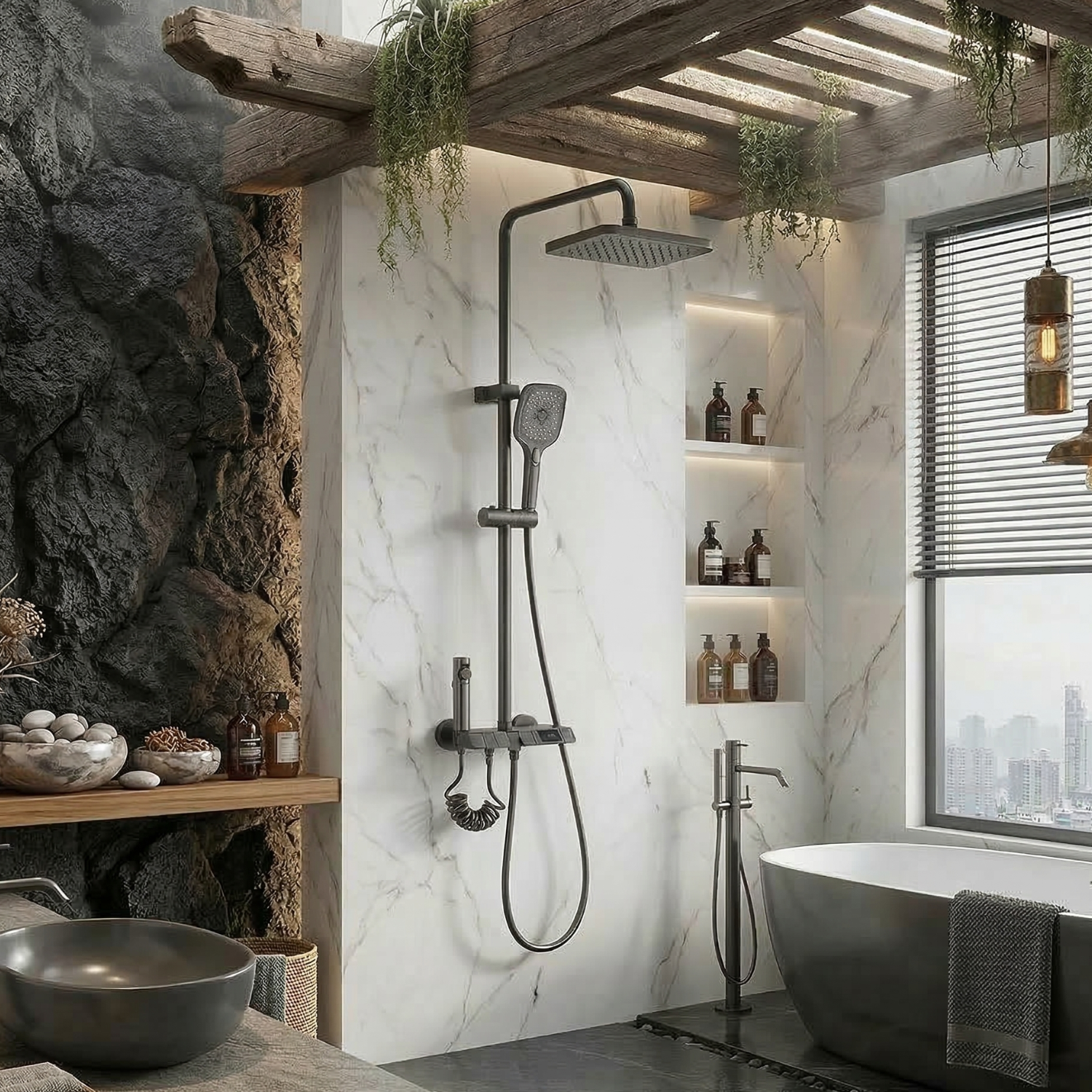 Turku - Digital Thermostatic Shower Faucet Set with LED Temperature Display 4 Function Rainfall Shower System Wall Mounted Hot Cold Mixer