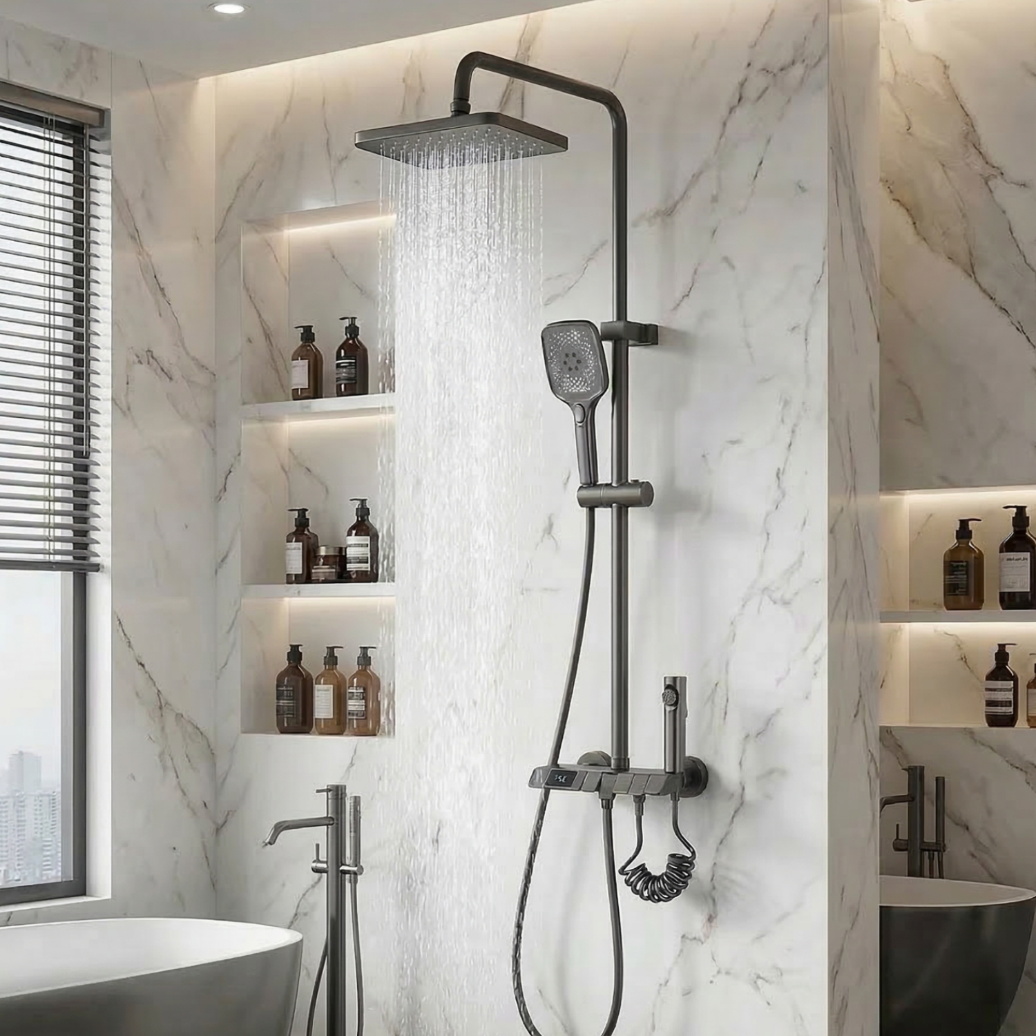 Turku - Digital Thermostatic Shower Faucet Set with LED Temperature Display 4 Function Rainfall Shower System Wall Mounted Hot Cold Mixer