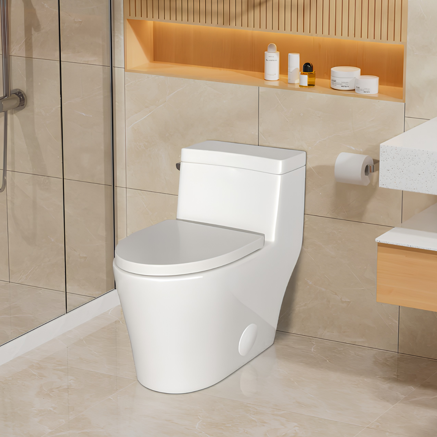 Ystad - One Piece Toilet with Single Flush Soft Closing Seat Concealed Tank Elongated Bowl Floor