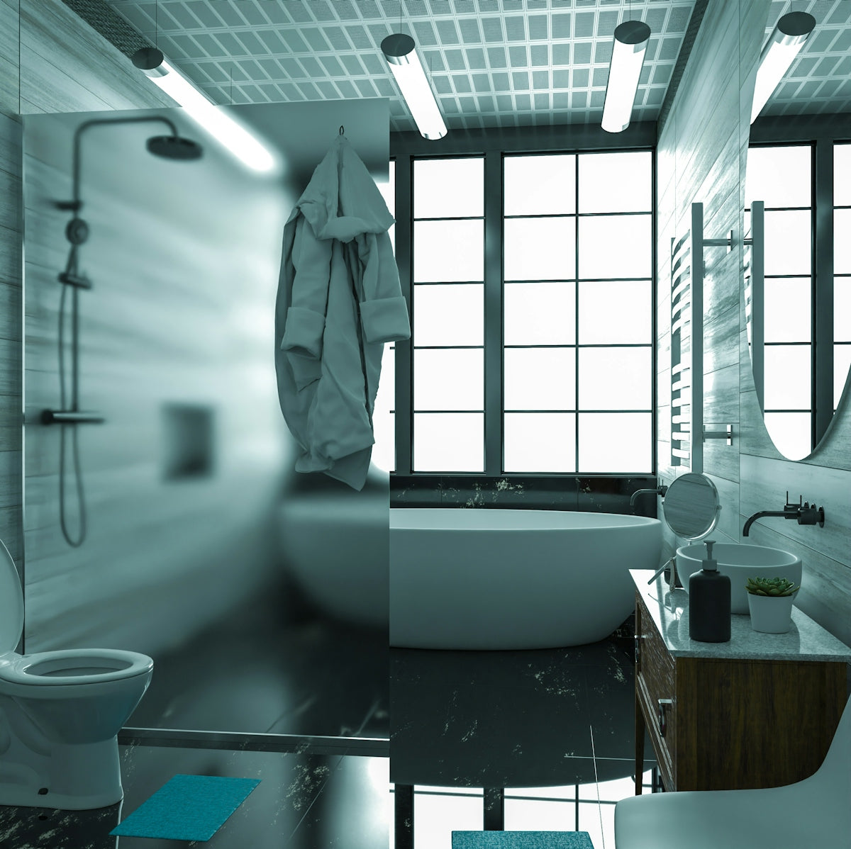 a bathroom with a bathtub and toilet