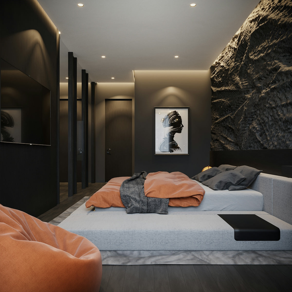 a bed with a poster on the wall