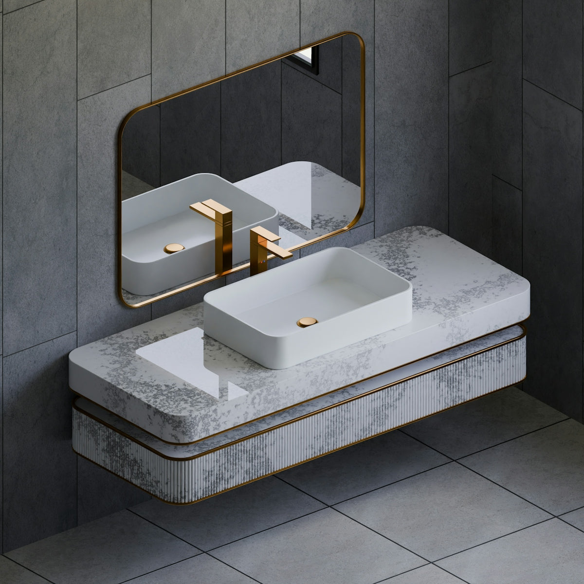 A modern bathroom vanity and mirror.