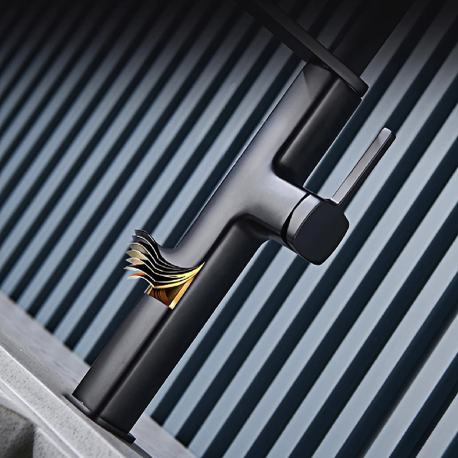 Black kitchen faucet with a striped background