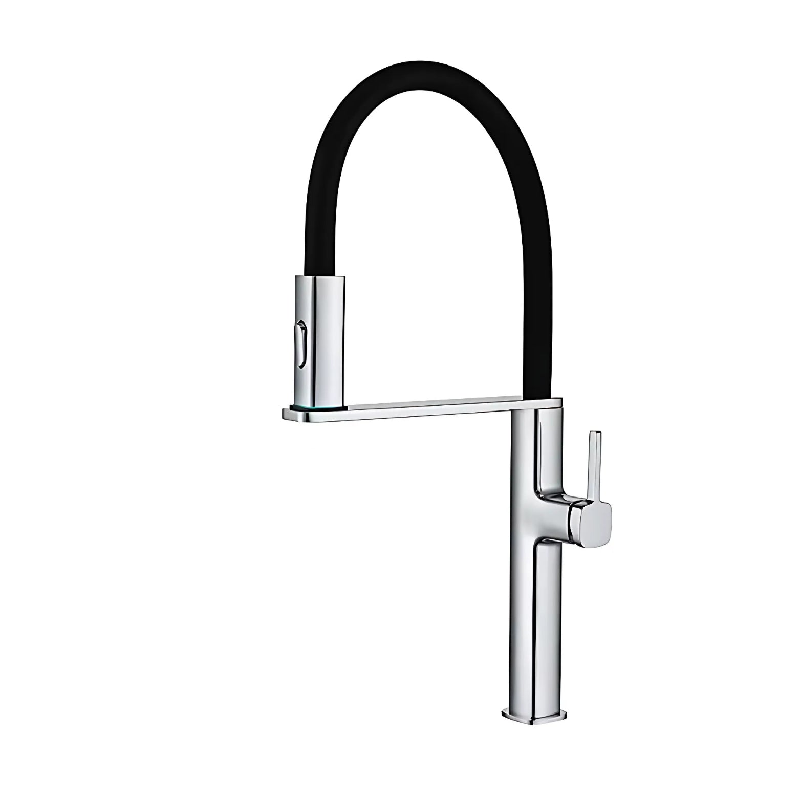 Modern kitchen faucet with black flexible hose on a white background
