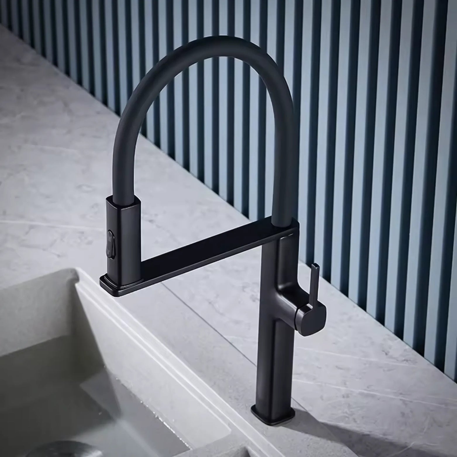 Black premium kitchen faucet on a countertop with a striped wall in the background