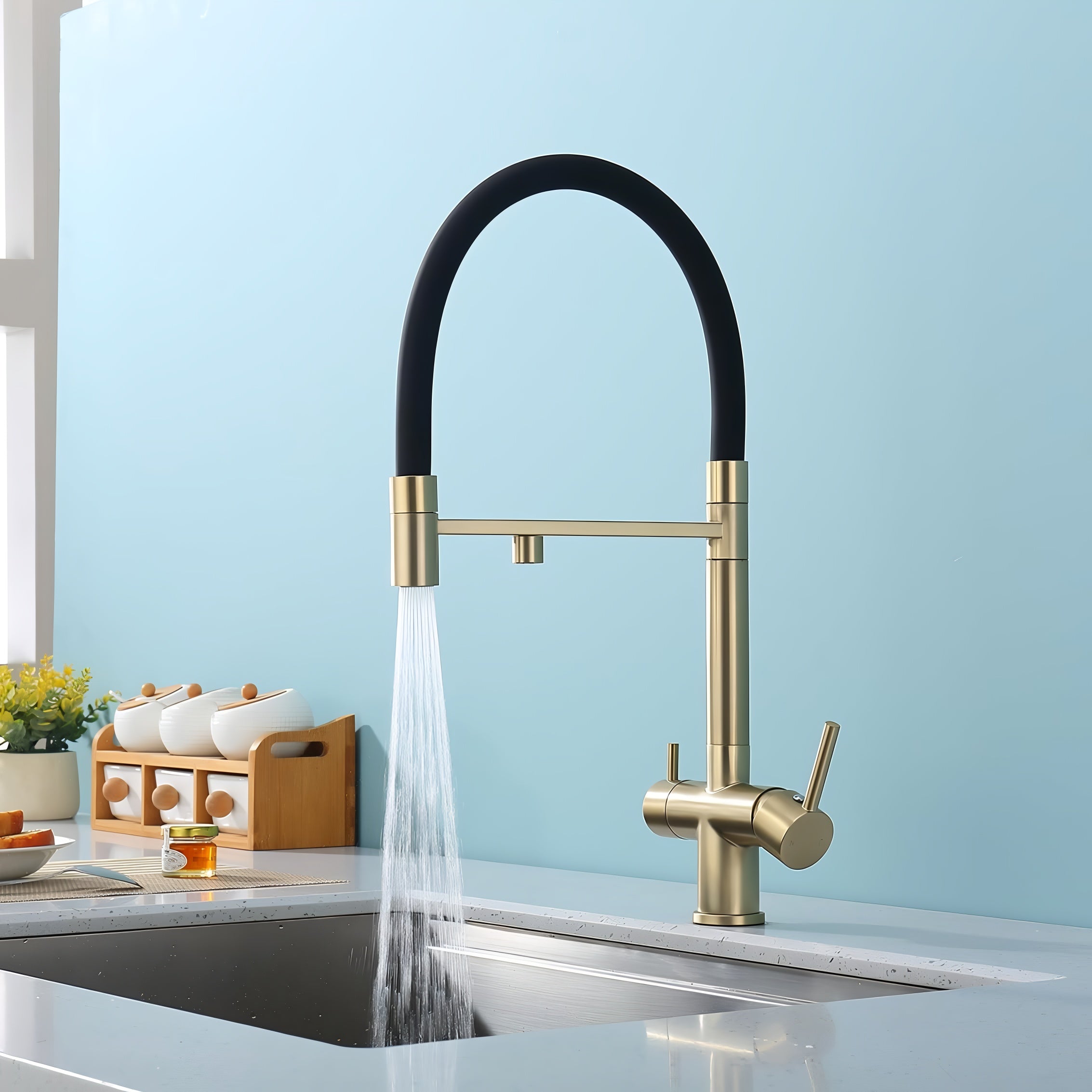 Trier - Three-Way Kitchen Faucet with Filter Tap Reverse Osmosis Compatible and Pull-Down Spout