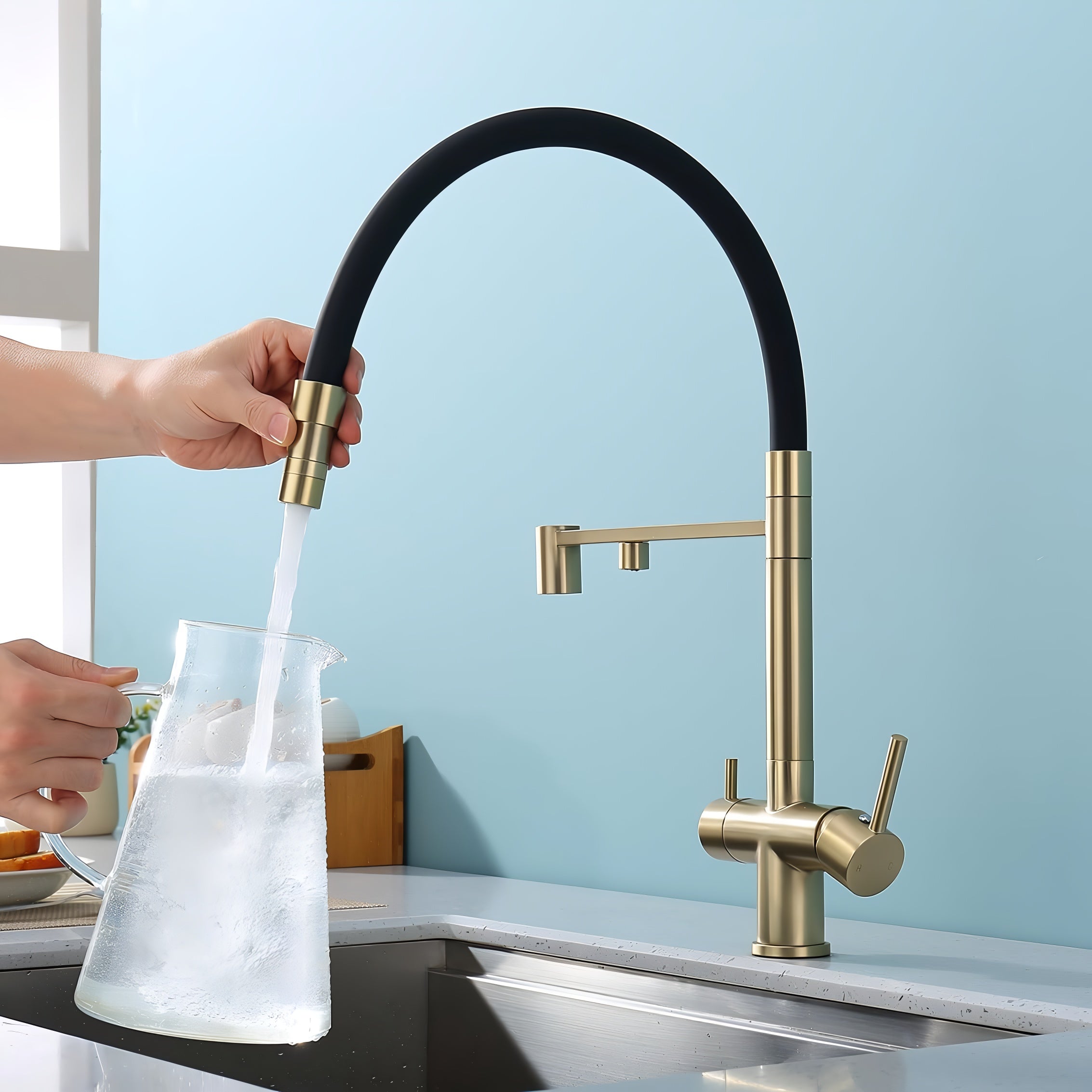 Trier - Three-Way Kitchen Faucet with Filter Tap Reverse Osmosis Compatible and Pull-Down Spout