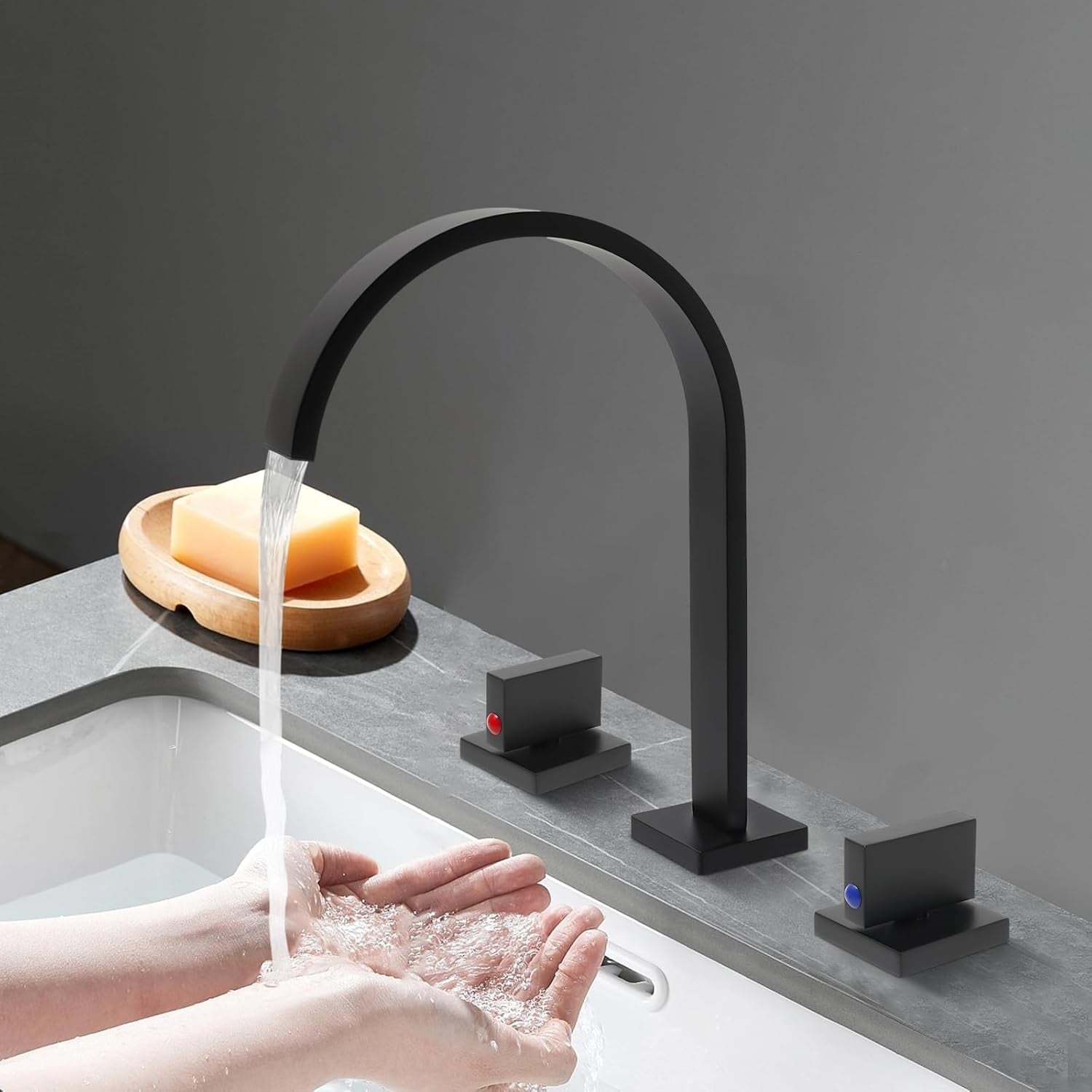 Laxa - Bathroom Faucet Square Design 3-Hole Double Handle Hot & Cold Tap