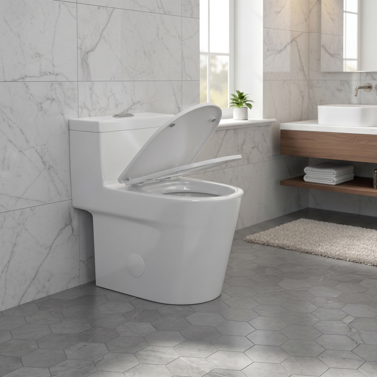 Are - One-Piece 1.1/1.6 GPF Dual Flush Round Toilet in White Soft Close Seat Included