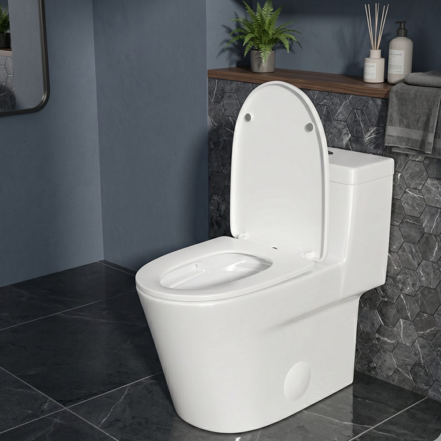 Are - One-Piece 1.1/1.6 GPF Dual Flush Round Toilet in White Soft Close Seat Included