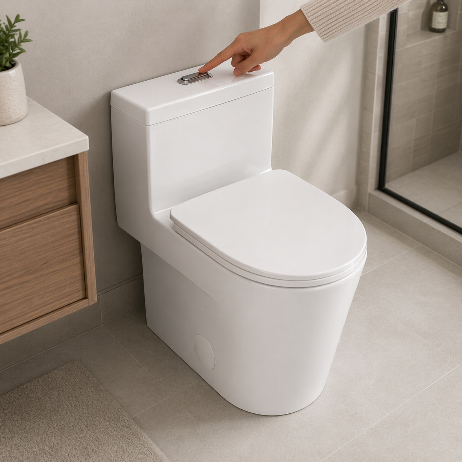 Are - One-Piece 1.1/1.6 GPF Dual Flush Round Toilet in White Soft Close Seat Included