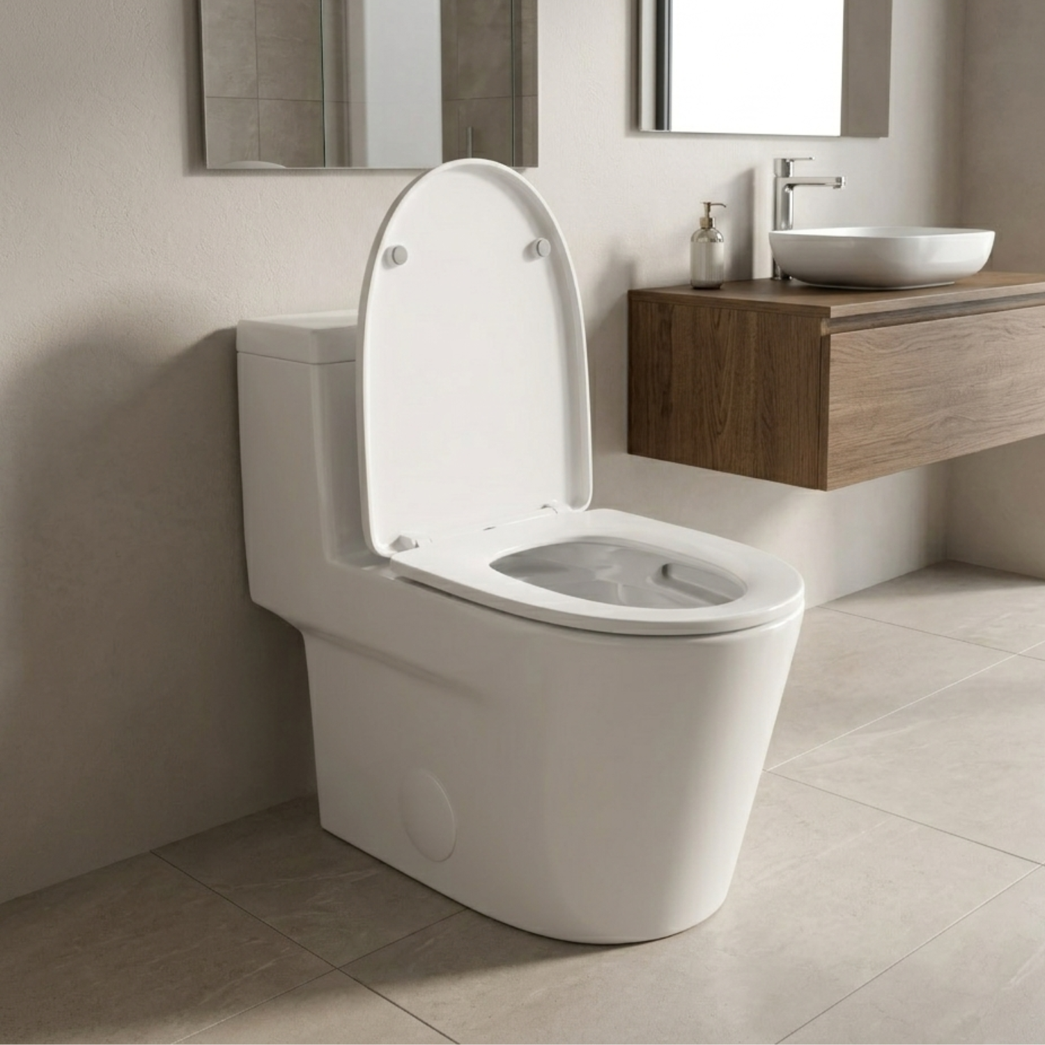 Are - One-Piece 1.1/1.6 GPF Dual Flush Round Toilet in White Soft Close Seat Included