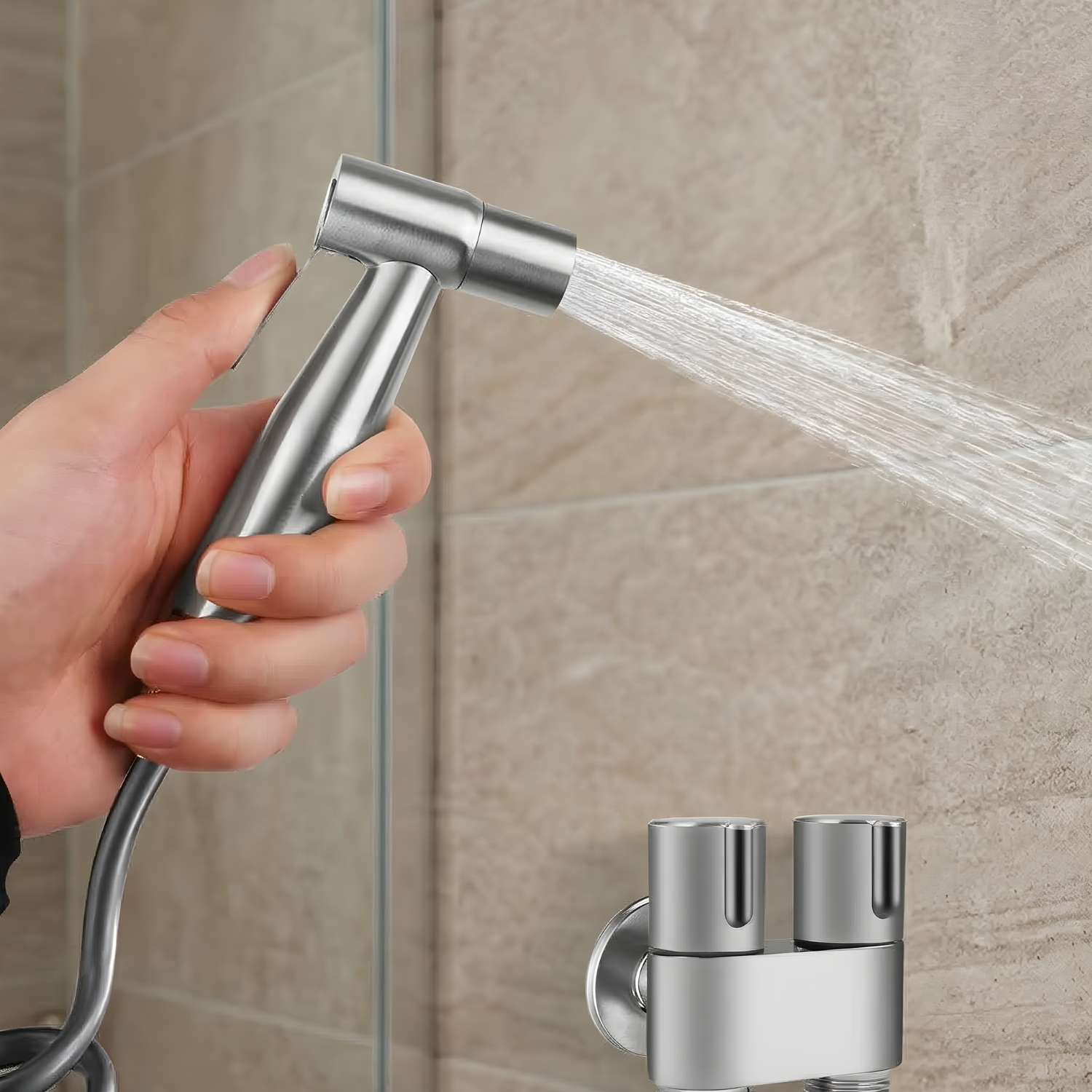 Glomma  - Stainless Steel Bidet Spray Gun Set – Handheld Toilet Hygienic Shower with Double Outlet Angle Valve