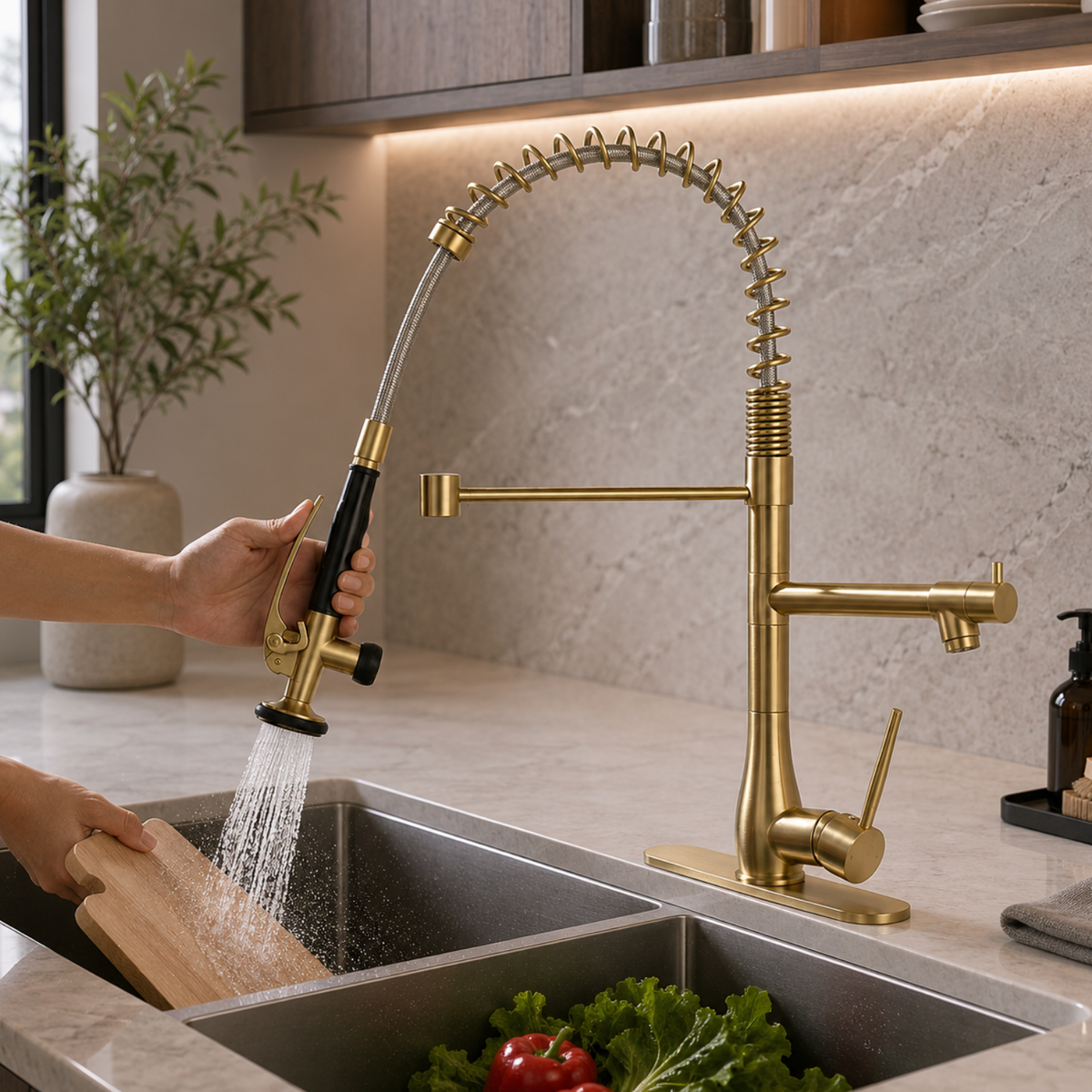 Oulanka - Commercial Single-Handle Kitchen Faucet  with Dual-Outlet High-Arc Spring Sink Tap