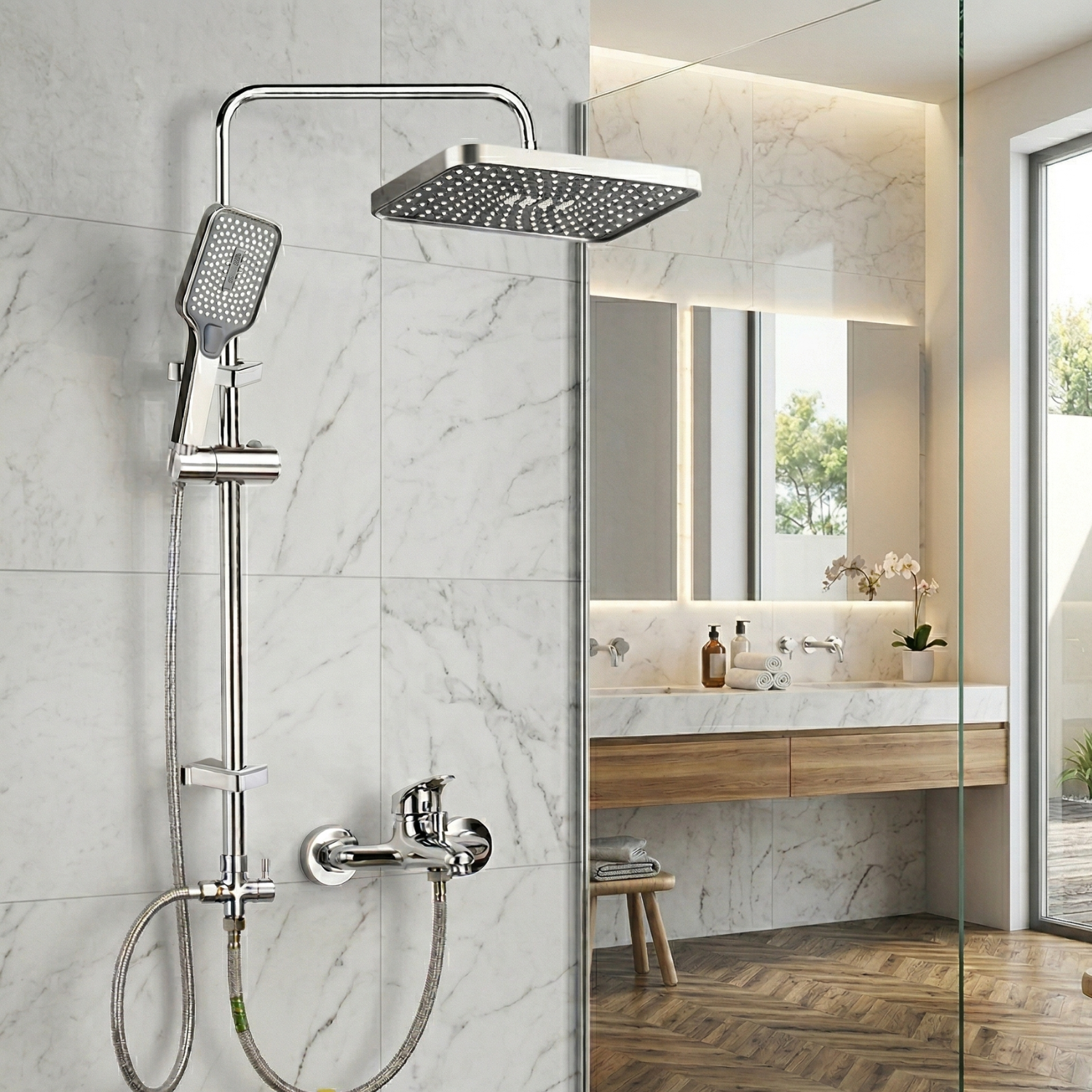 Sarek - Rainfall Shower Column Set with Handheld Shower & Wall Mounted Mixer Tap