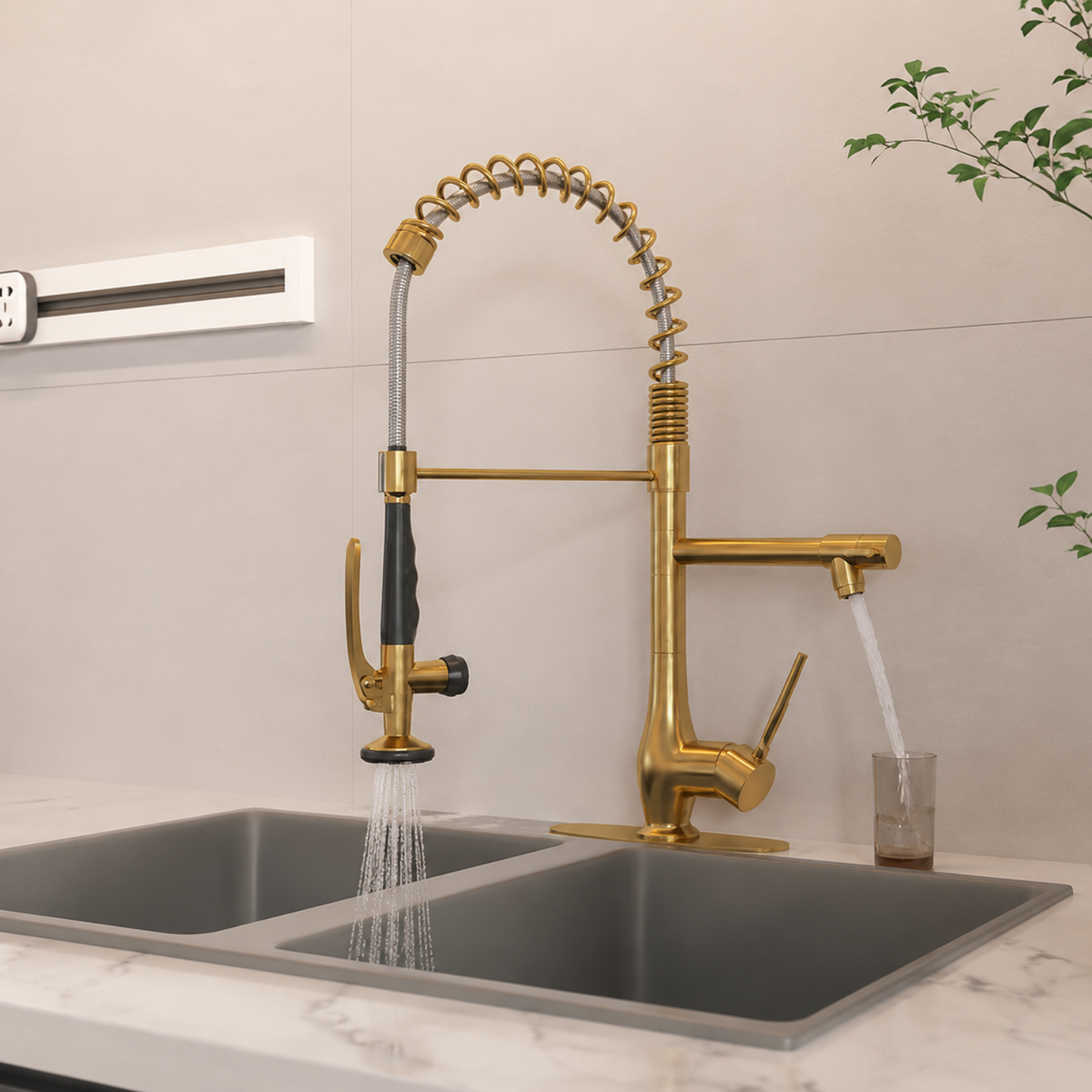 Oulanka - Commercial Single-Handle Kitchen Faucet  with Dual-Outlet High-Arc Spring Sink Tap