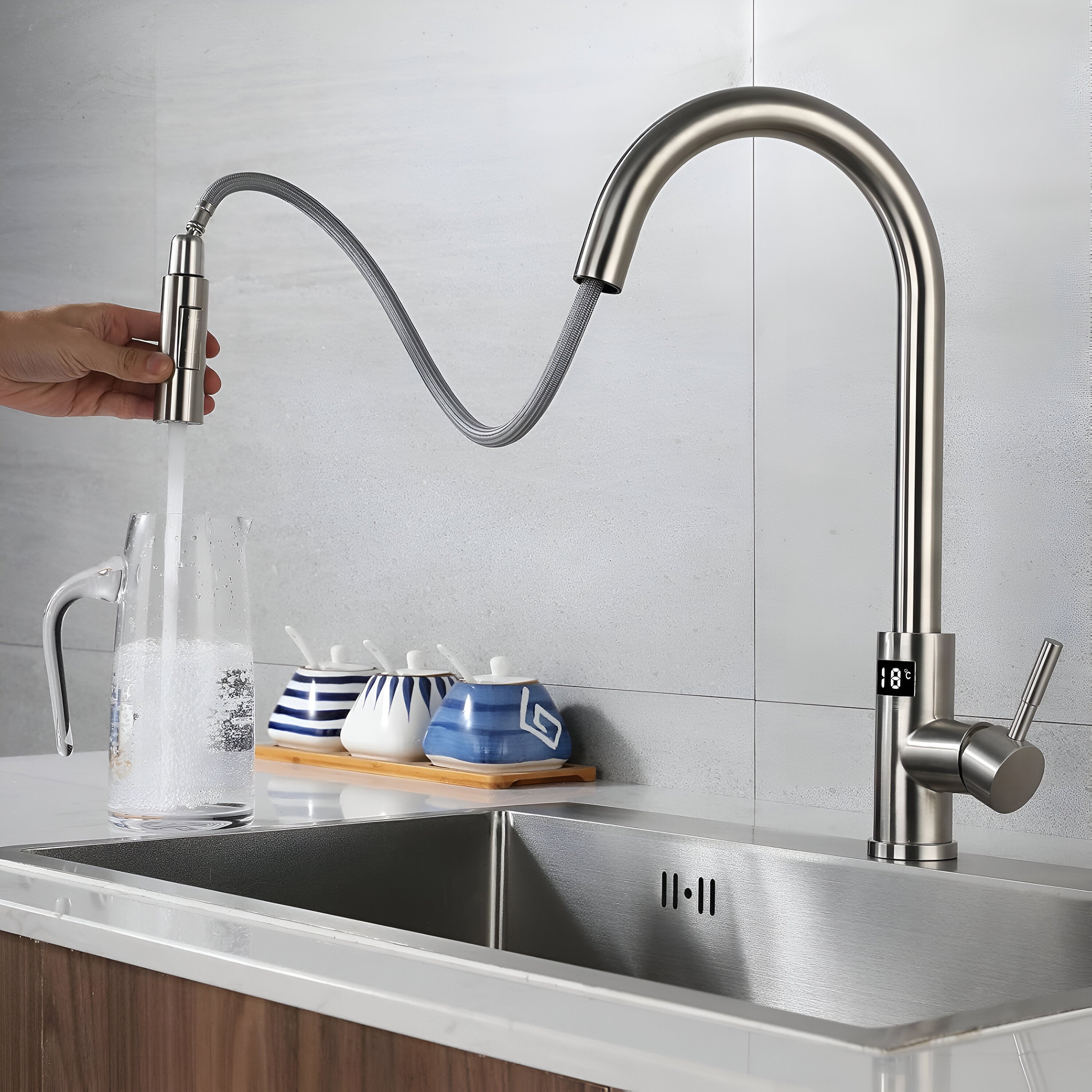 falkenberg smart touchless kitchen faucet display pull out spout brushed nickel